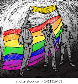 Protestor raising arms with a rainbow flag for the concept of LBGT solidarity. Hand drawn vector illustration. 