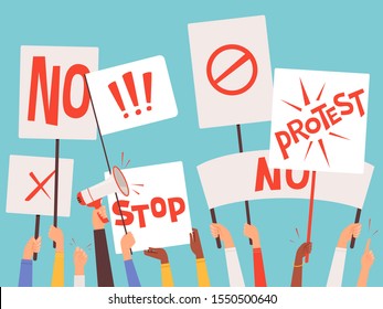 Protestors banners. Hand holding blank placards of political manifestation signs vector background concept