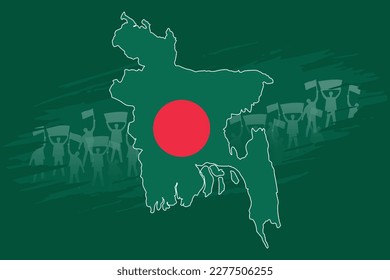 Protestors Behind Bangladesh Map, A Beautiful National Design with Red and Green Colors. Commemorating the Dark Story of 1971 and Suitable for Many National Holidays.