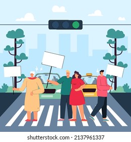 Protestors With Blank Placards Standing At Crosswalk. Young Man, Married Couple And Old Woman Protesting In Road Flat Vector Illustration. Demonstration, Freedom Concept For Banner Or Landing Web Page