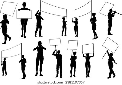 Protestors or demonstrators men and women. At a demonstration march, picketing line or strike protest rally in silhouette. Holding banners, picket signs and megaphone or mega phone.