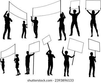 Protestors or demonstrators men and women. At a demonstration march, picketing line or strike protest rally in silhouette. Holding banners, picket signs and megaphone or mega phone.