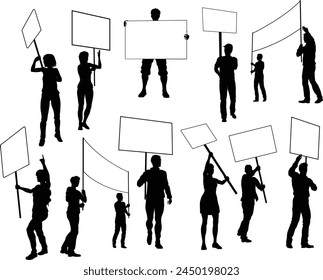 Protestors or demonstrators men and women. At a demonstration march, picketing line or strike protest rally in silhouette. Holding banners, picket signs and megaphone or mega phone.