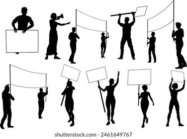 Protestors or demonstrators men and women. At a demonstration march, picketing line or strike protest rally in silhouette. Holding banners, picket signs and megaphone or mega phone.