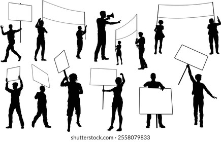 Protestors or demonstrators men and women. At a demonstration march, picketing line or strike protest rally in silhouette. Holding banners, picket signs and megaphone or mega phone.