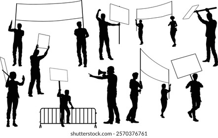 Protestors or demonstrators men and women. At a demonstration march, picketing line or strike protest rally in silhouette. Holding banners, picket signs and megaphone or mega phone.