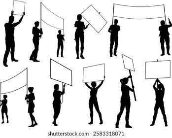 Protestors or demonstrators men and women. At a demonstration march, picketing line or strike protest rally in silhouette. Holding banners, picket signs and megaphone or mega phone.