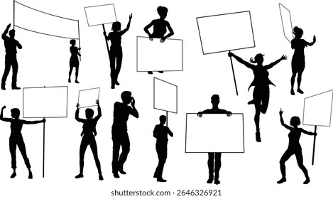 Protestors or demonstrators men and women. At a demonstration march, picketing line or strike protest rally in silhouette. Holding banners, picket signs and megaphone or mega phone.