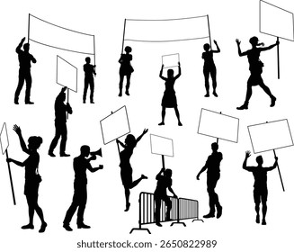 Protestors or demonstrators men and women. At a demonstration march, picketing line or strike protest rally in silhouette. Holding banners, picket signs and megaphone or mega phone.