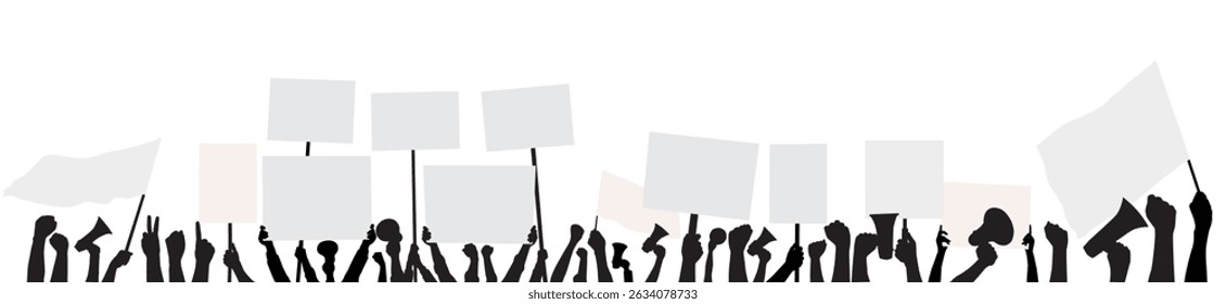 Protestors holding banner, placard, megaphone and flags. Protestor hands with placards, banner, megaphone and the flags in hand. Silhouette of protestor