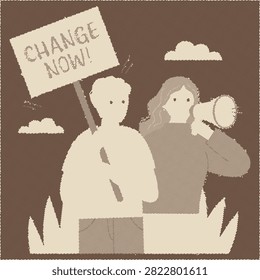 Protestors holding change now sign and megaphone outdoors halftone vector illustration