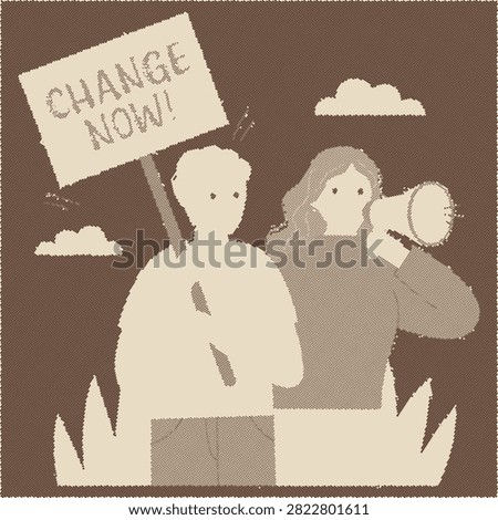 Protestors holding change now sign and megaphone outdoors halftone vector illustration