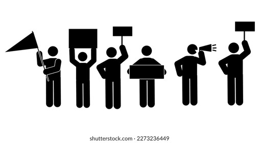  Demonstranten mit Plakaten. Schwarze Silhouetten. Vektorgrafik