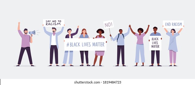 Protests across America. People holding posters against racism, BLM, Black lives matter. Stop racism and stronger together concept. Vector flat illustration. 