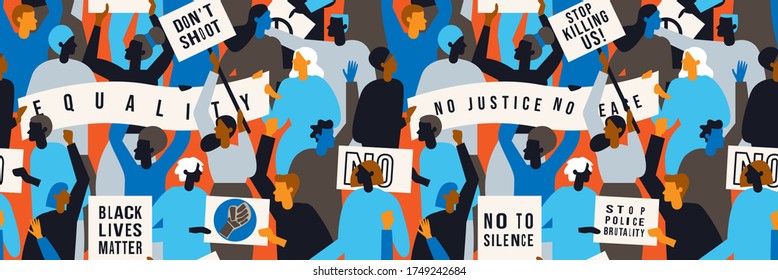 Protests across America.People with streamer and signs protesting for Black Lives Matter movement . Vector illustration. Seamless pattern. - Shutterstock ID 1749242684