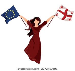 Protests in Georgia 2023.Georgian woman activist with Georgian flag and EU flag in her hands.Protest, revolution, strike and demonstration.Georgia Revolution vector illustration