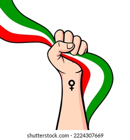 Protests in Iran vector poster with copy space. Solidarity with Iranian women. Template for background, banner. Hand illustration with flag. 