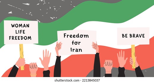 Protests in Iran, women rights demonstration. protestor hands holding placards and posters. Supporting the protests against. Flat vector illustration in trendy colors.