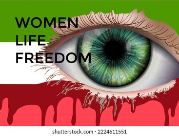 Protests in Iran, women rights demonstration. protestor hands holding placards and posters. Supporting the protests against. Flat vector illustration in trendy colors. sadnes eyes