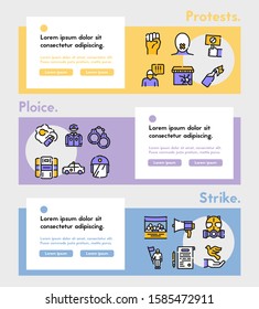 Protests items color linear icons set. Riot concept. Civil uprising symbols pack. Police uniform design elements. Handcuffs, mask, loudspeaker. Resistance. Isolated vector illustrations