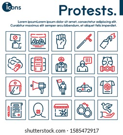 Protests items color linear icons set. Riot concept. Civil uprising symbols pack. Police uniform design elements. Handcuffs, mask, loudspeaker. Resistance. Isolated vector illustrations