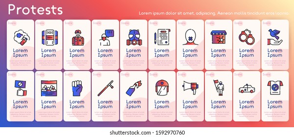 Protests items color linear icons set. Riot concept. Civil uprising symbols pack. Police uniform design elements. Handcuffs, mask, loudspeaker. Resistance. Isolated vector illustrations
