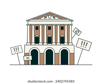 Protests near the government house. Signs with inscriptions and the building of parliament, ministry, presidency. Rally and demonstration symbol, icon isolated on white background. Vector illustration