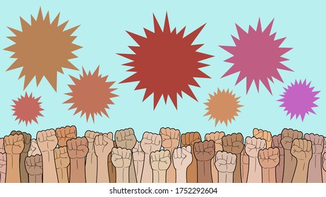 Protests, Raised fist hands and shouting speech bubble. Vector illustration.