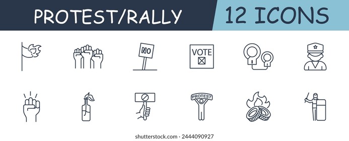 Protests set line icon. Voting, no, clash, doctor, riot, tires, fire. 12 line icon. Vector line icon for business and advertising