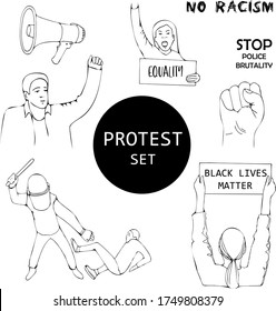 Protests vector illustrations set. People with signs, protests for Black Lives Matter movement, equality movement. 