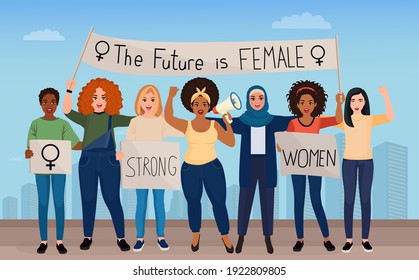 Protests for women's rights. Vector illustration. Isolated on a white background.