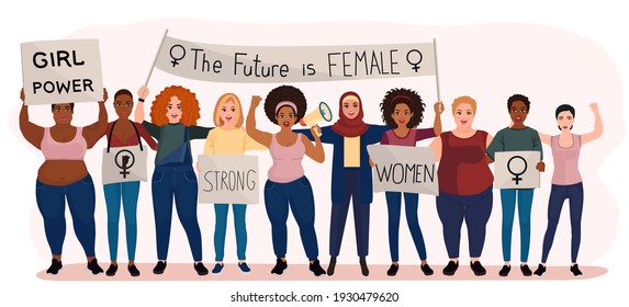Protests for women's rights. Vector illustration. Isolated on a white background.