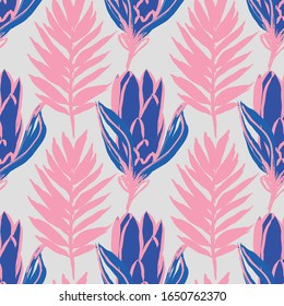 Prothea and Palm Leaves Seamless Pattern 