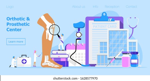 Prothesis and orthopedic center concept vector for website. Tiny doctors offer runner leg prosthesis. Bionic metal limb for human. Disability day, month. Medical  support for month. Invalid person.