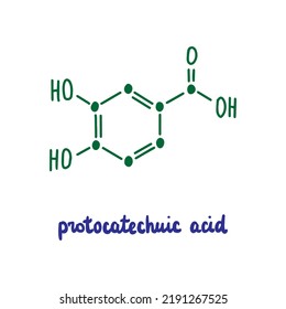 Protocatechuic acid hand drawn vector formula chemical structure lettering blue green lettering