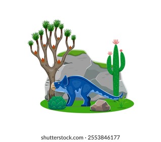 Protoceratops prehistoric dinosaur, genus of herbivorous ceratopsian dinos lived during the late cretaceous period. Isolated cartoon vector animal stands at lush landscape with tree, rocks and cactus