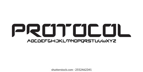 Protocolo, letras da modernidade futurista, design mínimo criativo, fonte moderna elegante, comunicação visual elegante geométrica elegante, marca de tecnologia, logotipo e título. Tipo de vetor