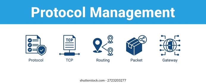 Concepto de Ilustración vectorial de iconos de Anuncio de Web de administración de protocolos, con iconos de protocolo, TCP, enrutamiento.
