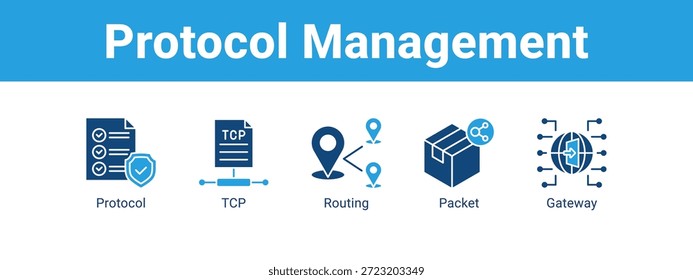 Concepto de Ilustración vectorial de iconos de Anuncio de Web de administración de protocolos, con iconos de protocolo, TCP, enrutamiento.