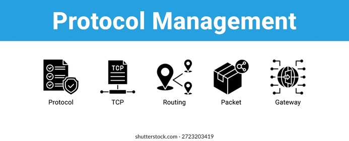 Concepto de Ilustración vectorial de iconos de Anuncio de Web de administración de protocolos, con iconos de protocolo, TCP, enrutamiento.