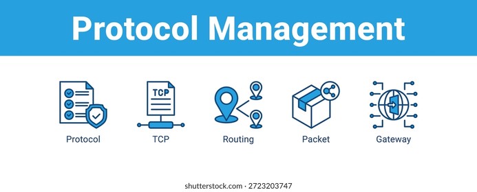Concepto de Ilustración vectorial de iconos de Anuncio de Web de administración de protocolos, con iconos de protocolo, TCP, enrutamiento.