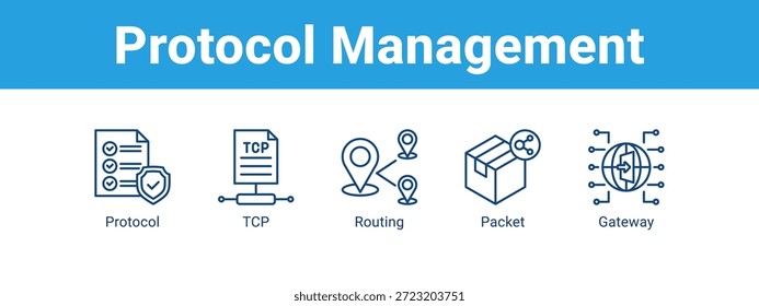 Concepto de Ilustración vectorial de iconos de Anuncio de Web de administración de protocolos, con iconos de protocolo, TCP, enrutamiento.