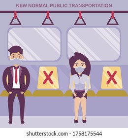 protocol men and women at work at the office, social distancing flat ilustration. new normal vector bussines concept 
men and women in train apply social distancing, new normal public transportation