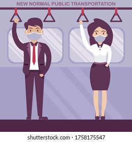 protocol men and women at work at the office, social distancing flat ilustration. new normal vector bussines concept 
men and women in train apply social distancing, new normal public transportation