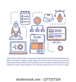 Prototype creation article page vector template. Startup plan. MVP. Brochure, magazine, booklet design element with linear icons and text boxes. Print design. Concept illustrations with text space