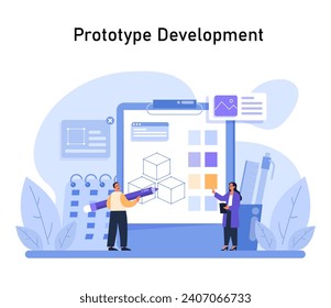 Prototype Development illustration. Detailed view of a team crafting a digital prototype, symbolizing the hands-on phase of the Design Thinking process. Flat vector illustration