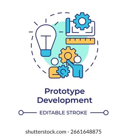 Ícone de conceito de multicor de desenvolvimento de protótipo. Criando modelo de trabalho do produto. Funil de inovação. Ilustração de linha de forma redonda. Ideia abstrata. Design gráfico. Fácil de usar no folheto