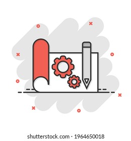 Prototype icon in comic style. Startup cartoon vector illustration on white isolated background. Model development splash effect business concept.