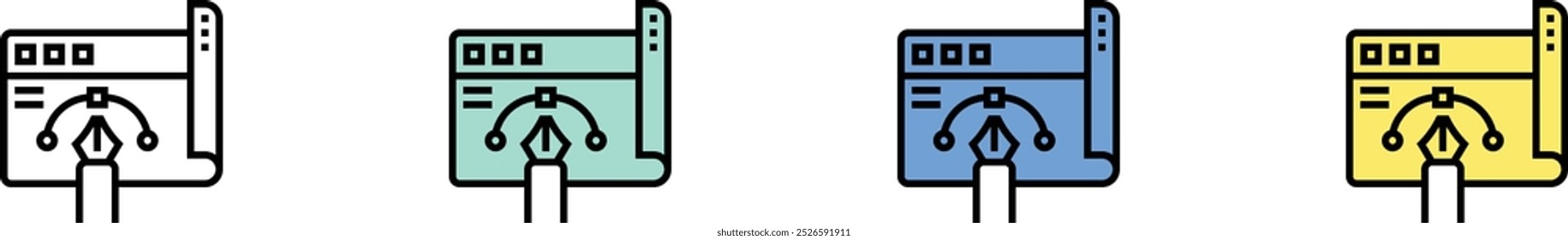 Icono de prototipo. Esquema, diseño de estilo verde, azul y amarillo aislado sobre fondo blanco