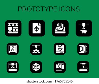 prototype icon set. 12 filled prototype icons.  Simple modern icons such as: 3d printer, Printing test, 3d modeling, 3d printing